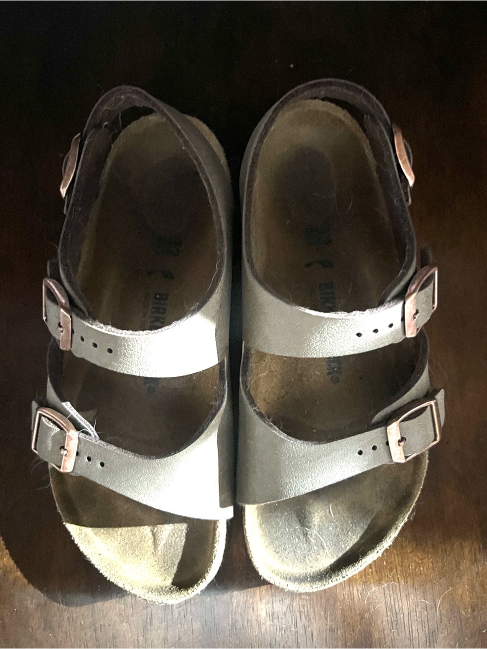 Birkenstock Kids Double-Strap Sandals in Dark Gray with Copper Buckles